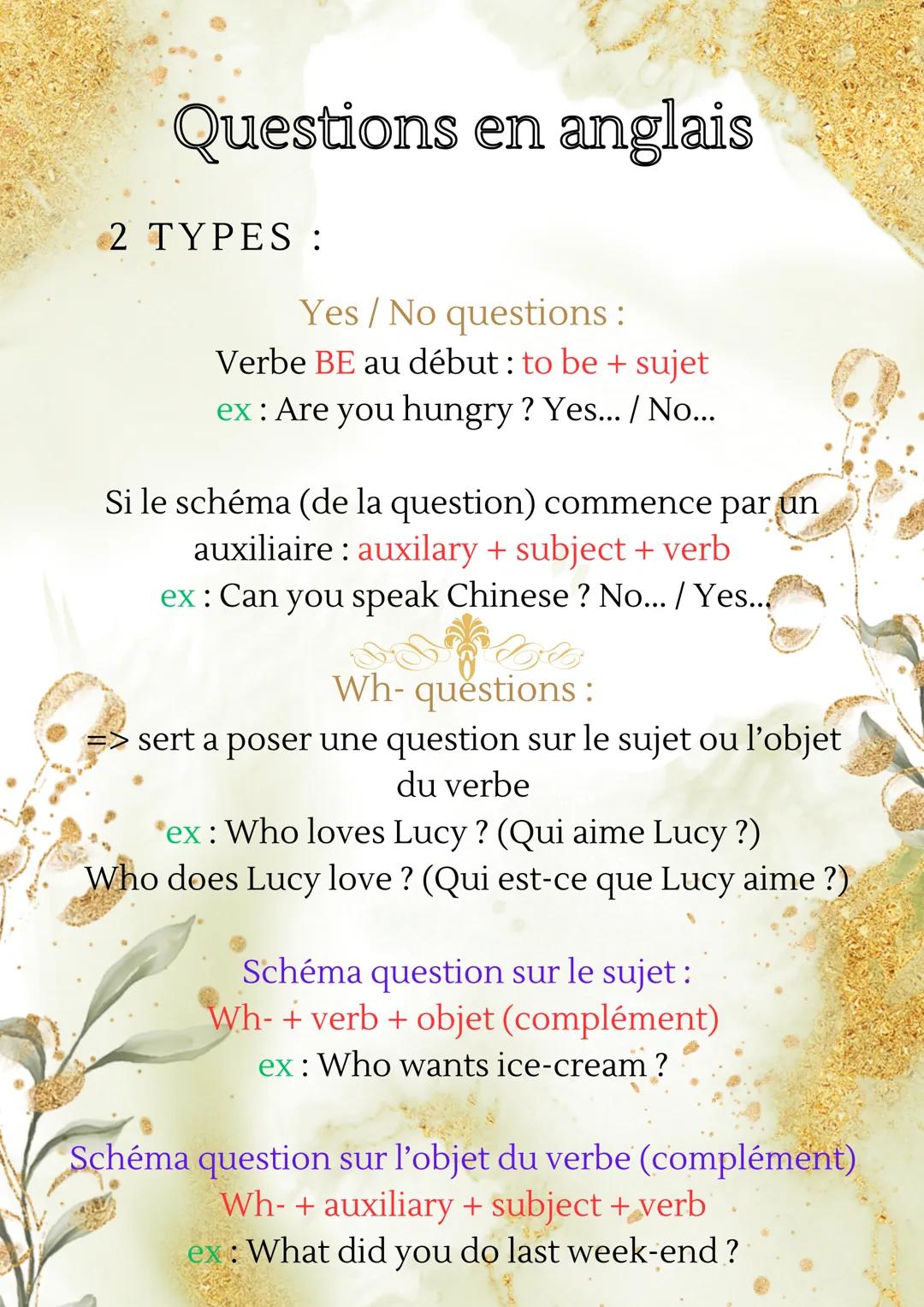 Questions en anglais
2 TYPES :
Yes/No questions:
Verbe BE au début : to be + sujet
ex: Are you hungry? Yes... / No...
Si le schéma (de la qu