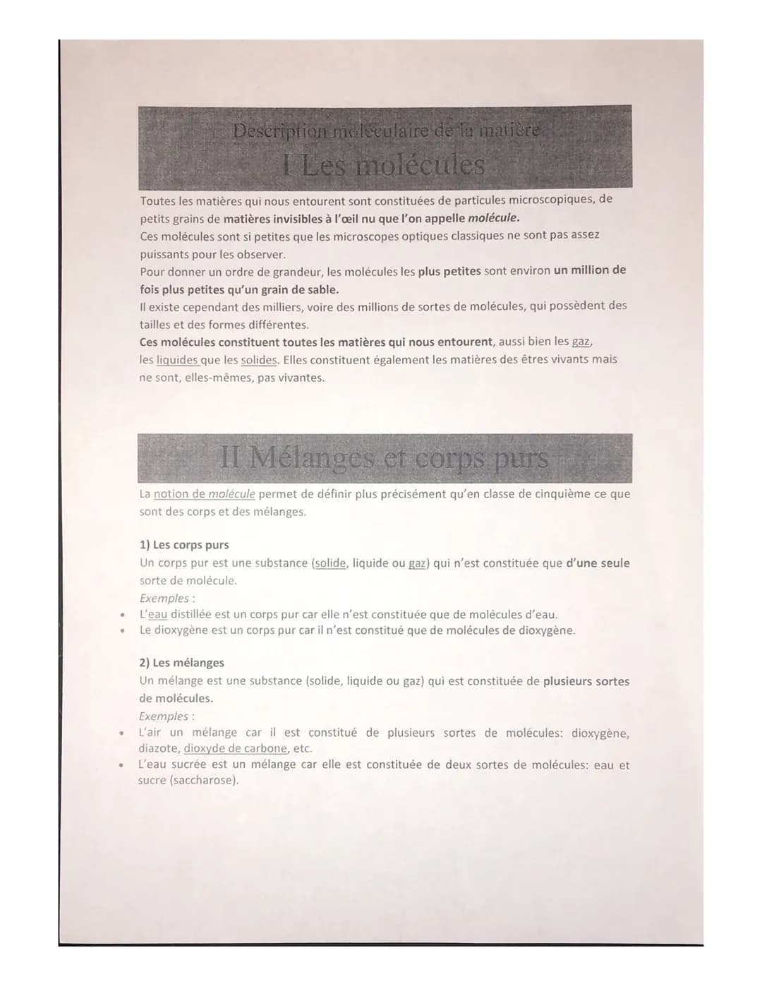 •
@
•
Description moléculaire de la matière
I Les molécules
Toutes les matières qui nous entourent sont constituées de particules microscopi