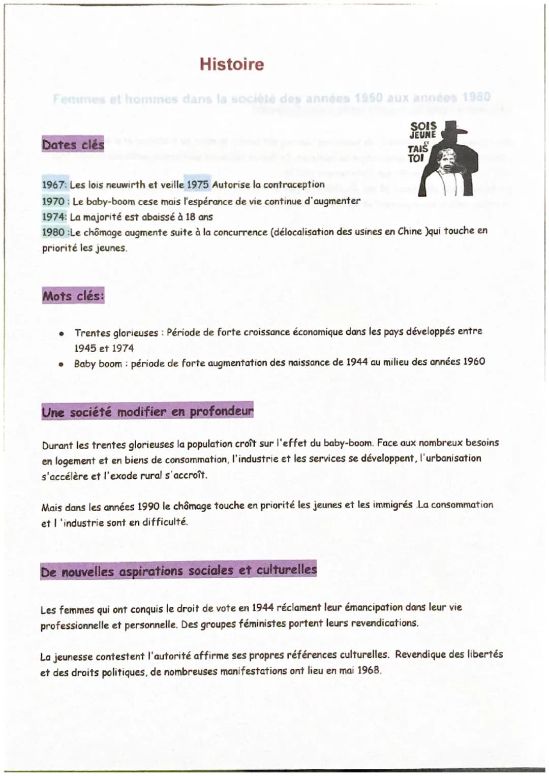 Femmes et hommes dans la société des années 1950 aux années 1980
SOIS
JEUNE
Dates clés
Histoire
Mots clés:
TAIS
TOI
1967: Les lois neuwirth 