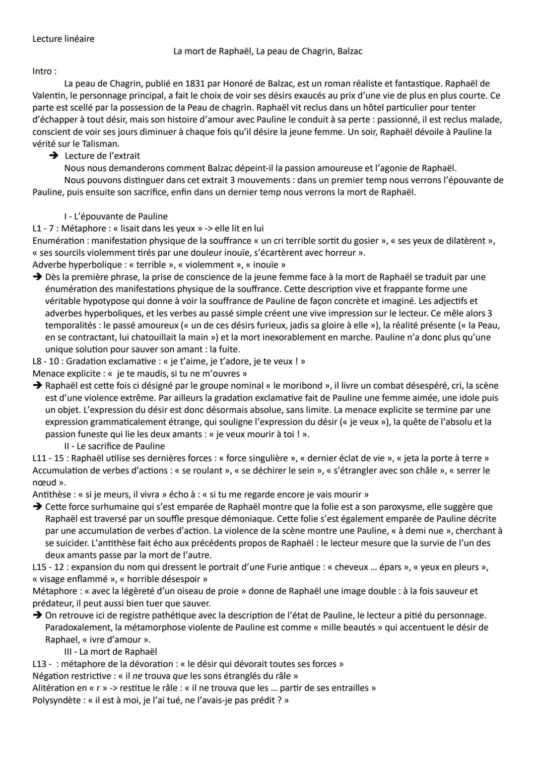 Lecture linéaire
La mort de Raphaël, La peau de Chagrin, Balzac
Intro :
La peau de Chagrin, publié en 1831 par Honoré de Balzac, est un roma