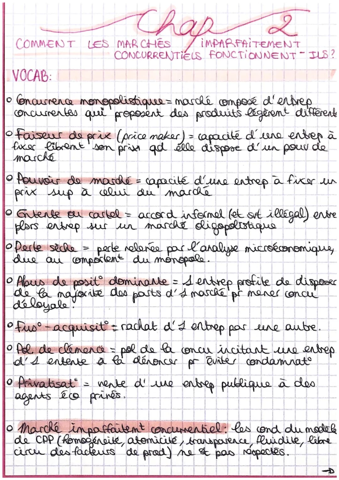 Chap 2
IMPARFAITEMENT
CONCURRENTIELS FONCTIONNENT-ILS?
COMMENT LES MAR CHES
VOCAB:
To Concurrence monopolistique = marché composé d'entrep
c