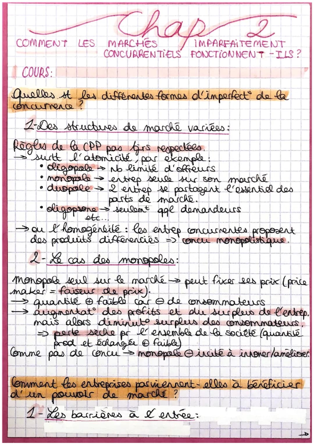 Chap 2
IMPARFAITEMENT
CONCURRENTIELS FONCTIONNENT-ILS?
COMMENT LES MAR CHES
VOCAB:
To Concurrence monopolistique = marché composé d'entrep
c