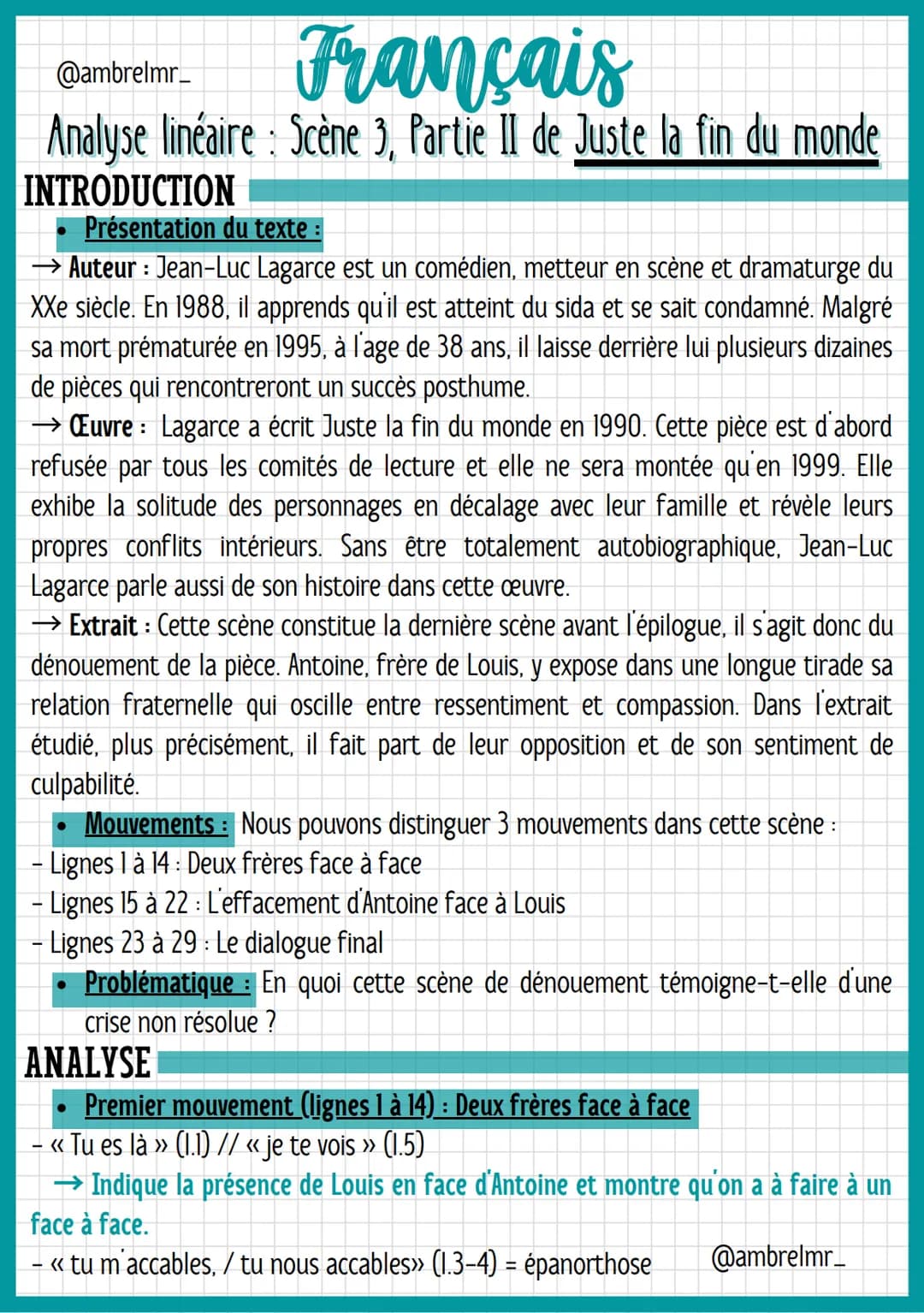 @ambrelmr_
Français
Analyse linéaire: Scène 3, Partie II de Juste la fin du monde
INTRODUCTION
Présentation du texte
→ Auteur : Jean-Luc Lag