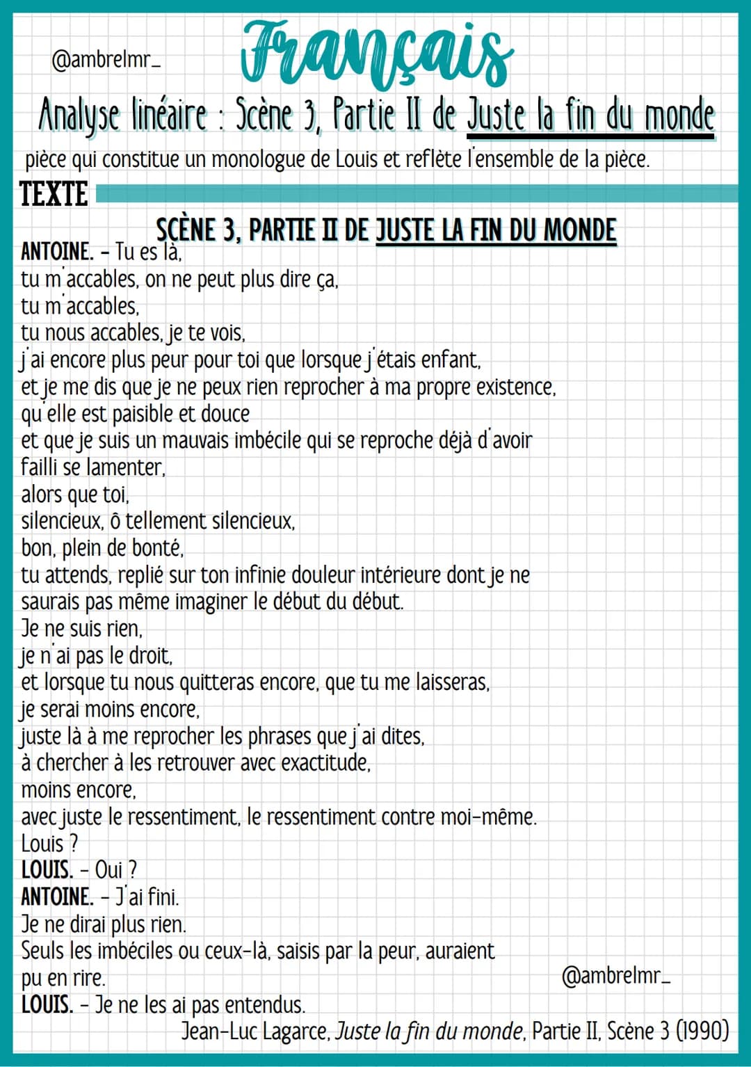 @ambrelmr_
Français
Analyse linéaire: Scène 3, Partie II de Juste la fin du monde
INTRODUCTION
Présentation du texte
→ Auteur : Jean-Luc Lag