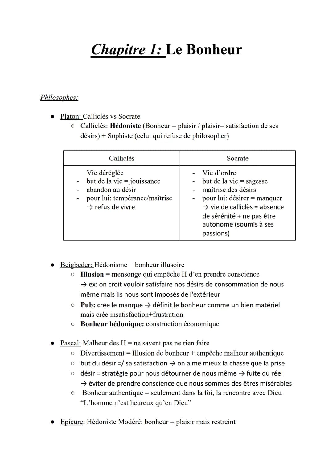 Philosophes:
Chapitre 1: Le Bonheur
• Platon: Calliclès vs Socrate
o Calliclès: Hédoniste (Bonheur = plaisir / plaisir= satisfaction de ses
