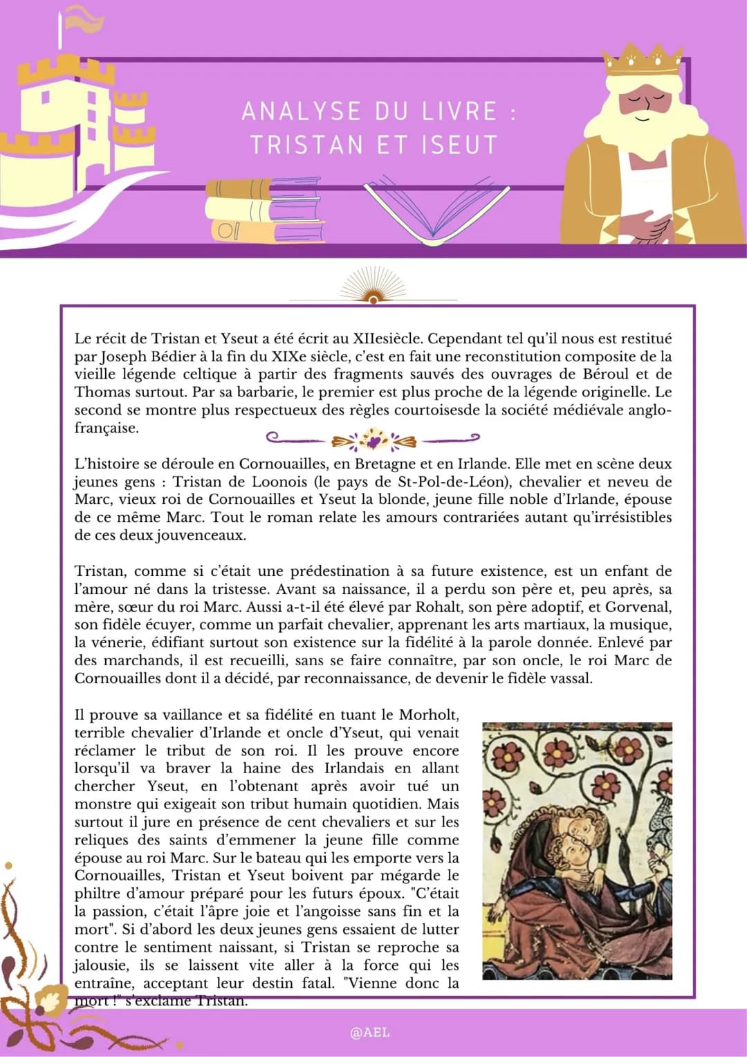 ANALYSE DU LIVRE :
TRISTAN ET ISEUT
Le récit de Tristan et Yseut a été écrit au XIIesiècle. Cependant tel qu'il nous est restitué
par Joseph