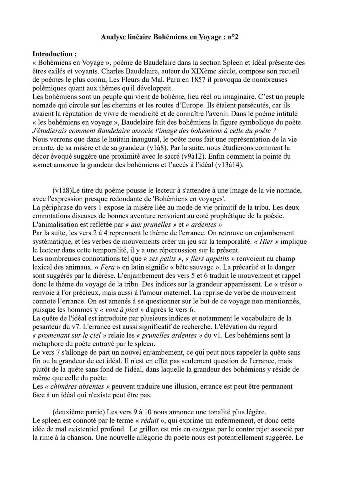 Analyse linéaire Bohémiens en Voyage : n°2
Introduction :
<< Bohémiens en Voyage », poème de Baudelaire dans la section Spleen et Idéal prés