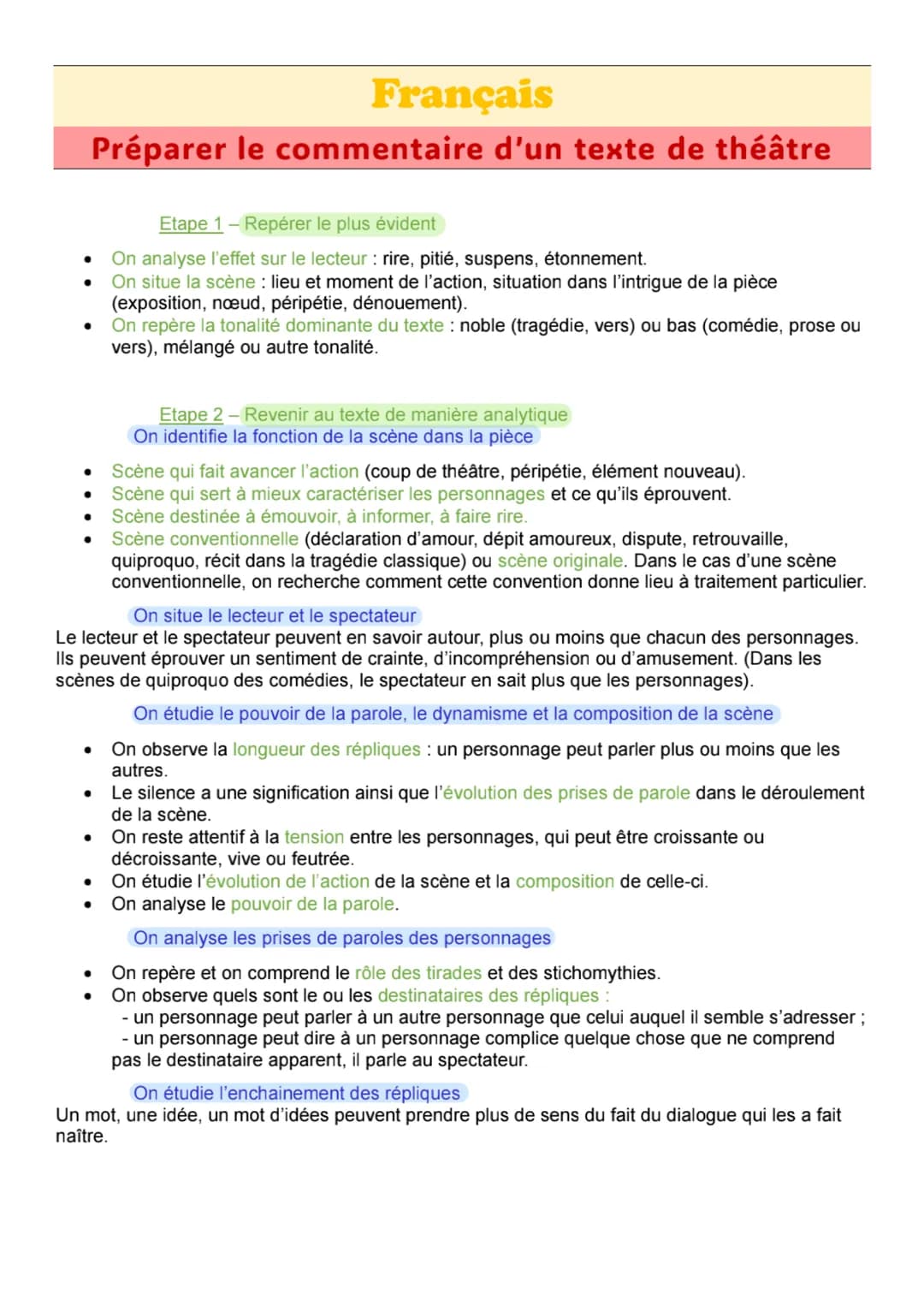 •
•
Français
Préparer le commentaire d'un texte de théâtre
Etape 1 - Repérer le plus évident
On analyse l'effet sur le lecteur : rire, pitié