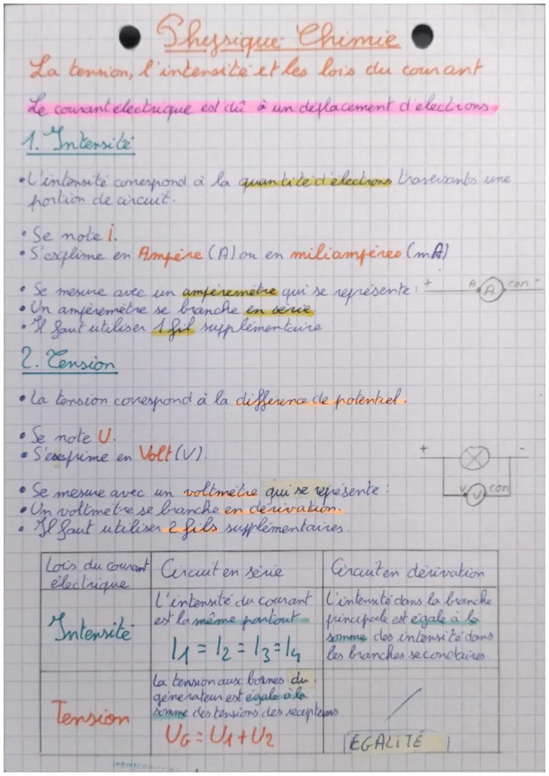 Physique Chimie
La tension, l'intensité et les lois du courant
Le courant électrique est dû à un déplacement d'elections.
1. Intersite
• int