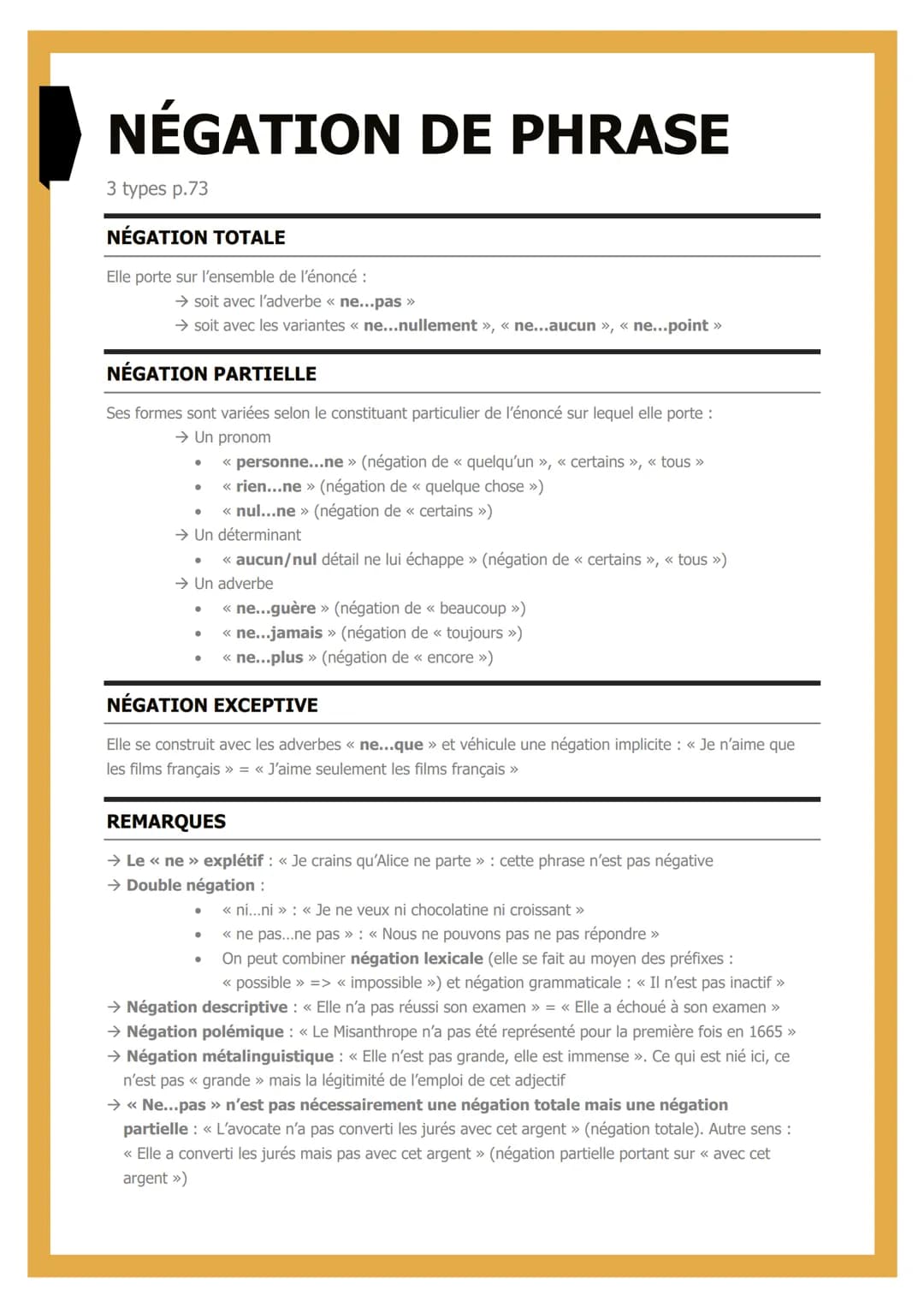 NÉGATION DE PHRASE
3 types p.73
NÉGATION TOTALE
Elle porte sur l'ensemble de l'énoncé :
→ soit avec l'adverbe « ne...pas »
→ soit avec les v