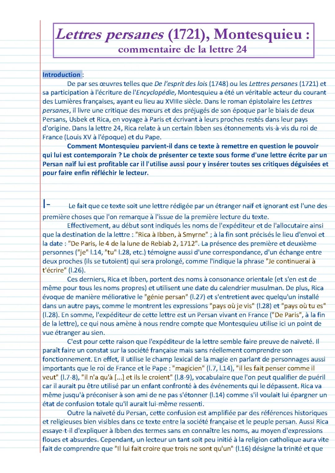 ''Lettres persanes'' (1721), Montesquieu : commentaire de la lettre 24