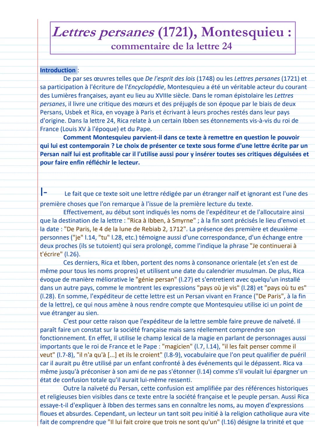 Lettres persanes (1721), Montesquieu :
commentaire de la lettre 24
Introduction:
De par ses œuvres telles que De l'esprit des lois (1748) ou