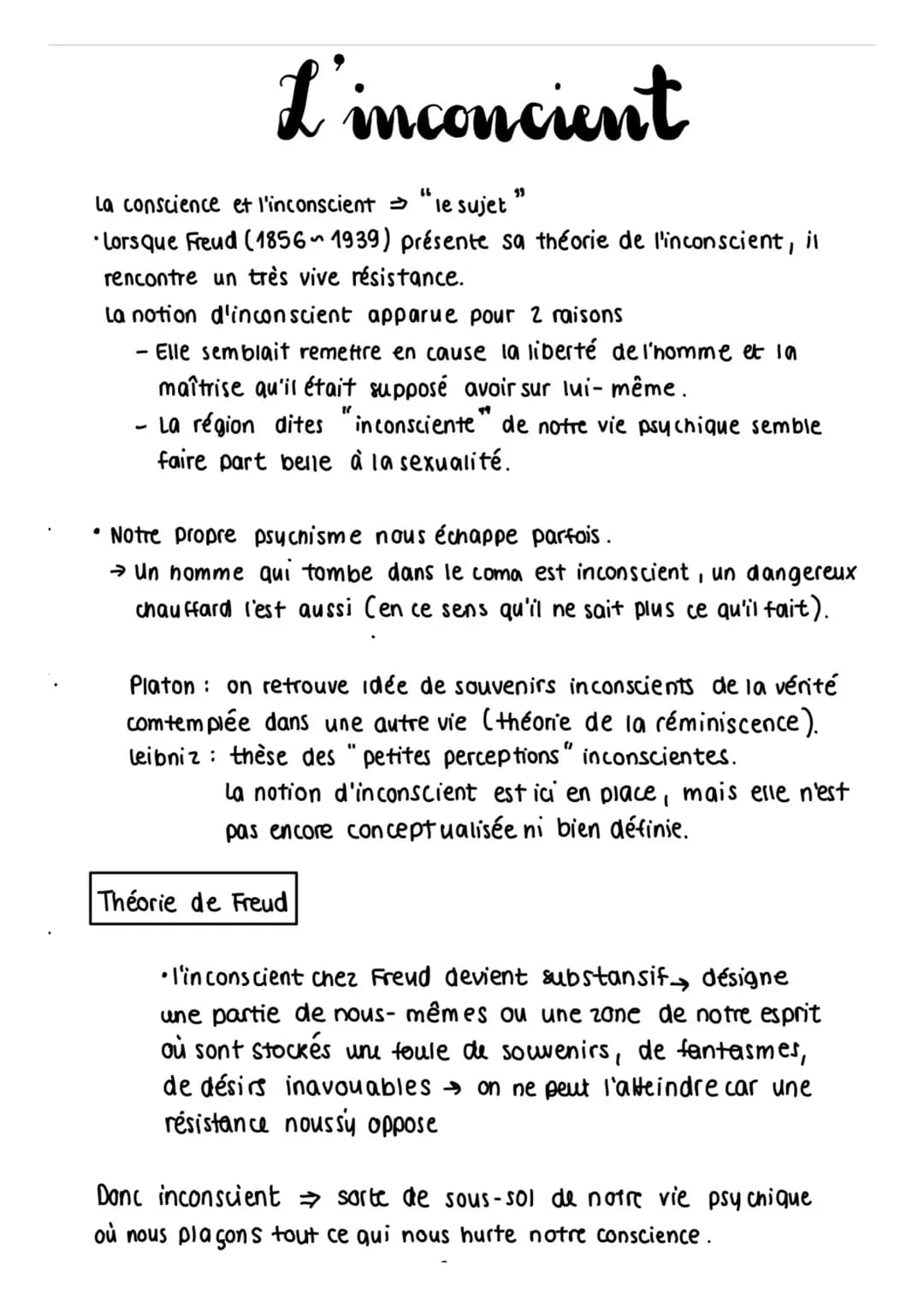L'inconcient
La conscience et l'inconscient → "le sujet "
Lorsque Freud (1856-1939) présente sa théorie de l'inconscient, il
rencontre un tr