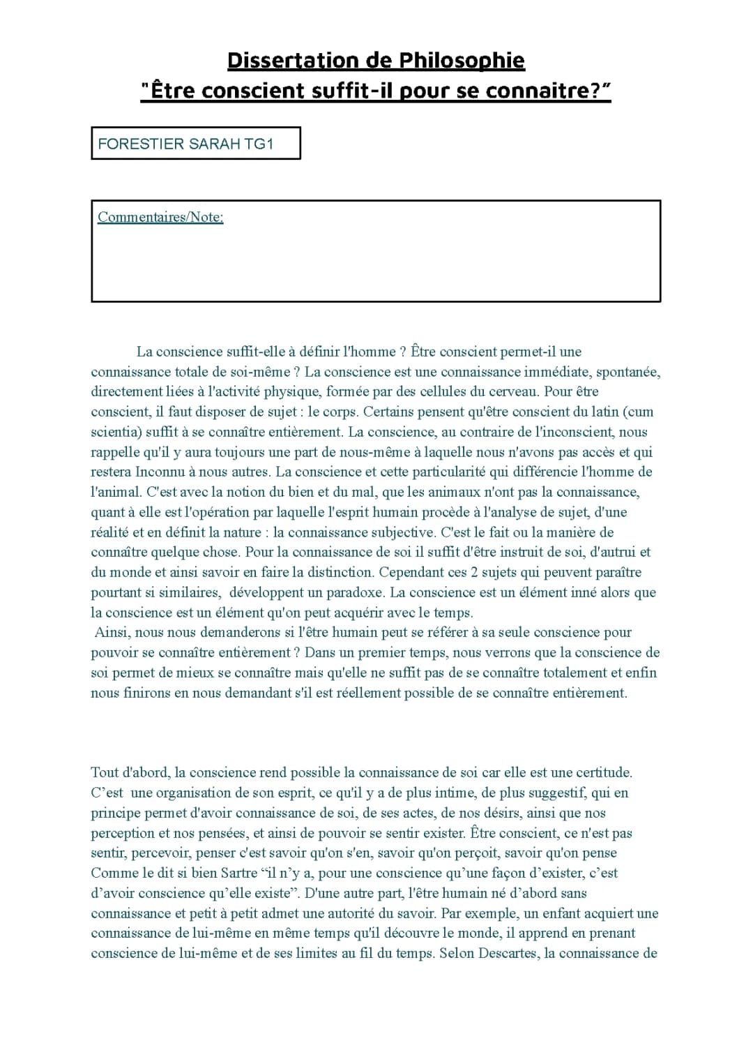 Sujet corrigé sur la conscience et l'inconscient - Dissertation Philosophie PDF