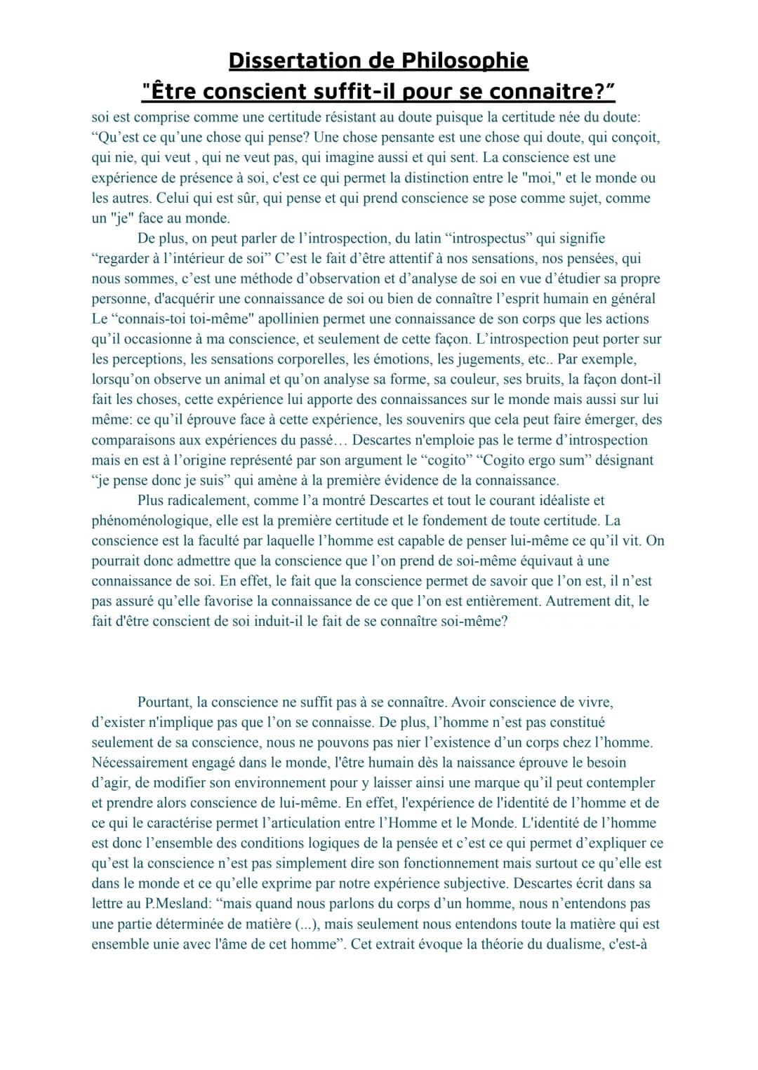 Dissertation de Philosophie
"Être conscient suffit-il pour se connaitre?"
FORESTIER SARAH TG1
Commentaires/Note:
La conscience suffit-elle à