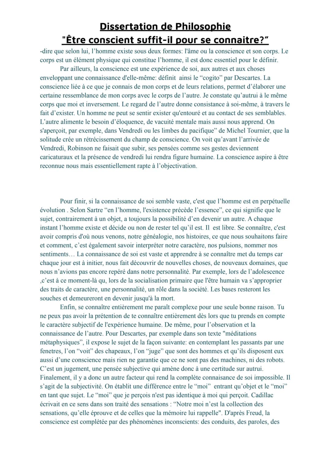 Dissertation de Philosophie
"Être conscient suffit-il pour se connaitre?"
FORESTIER SARAH TG1
Commentaires/Note:
La conscience suffit-elle à