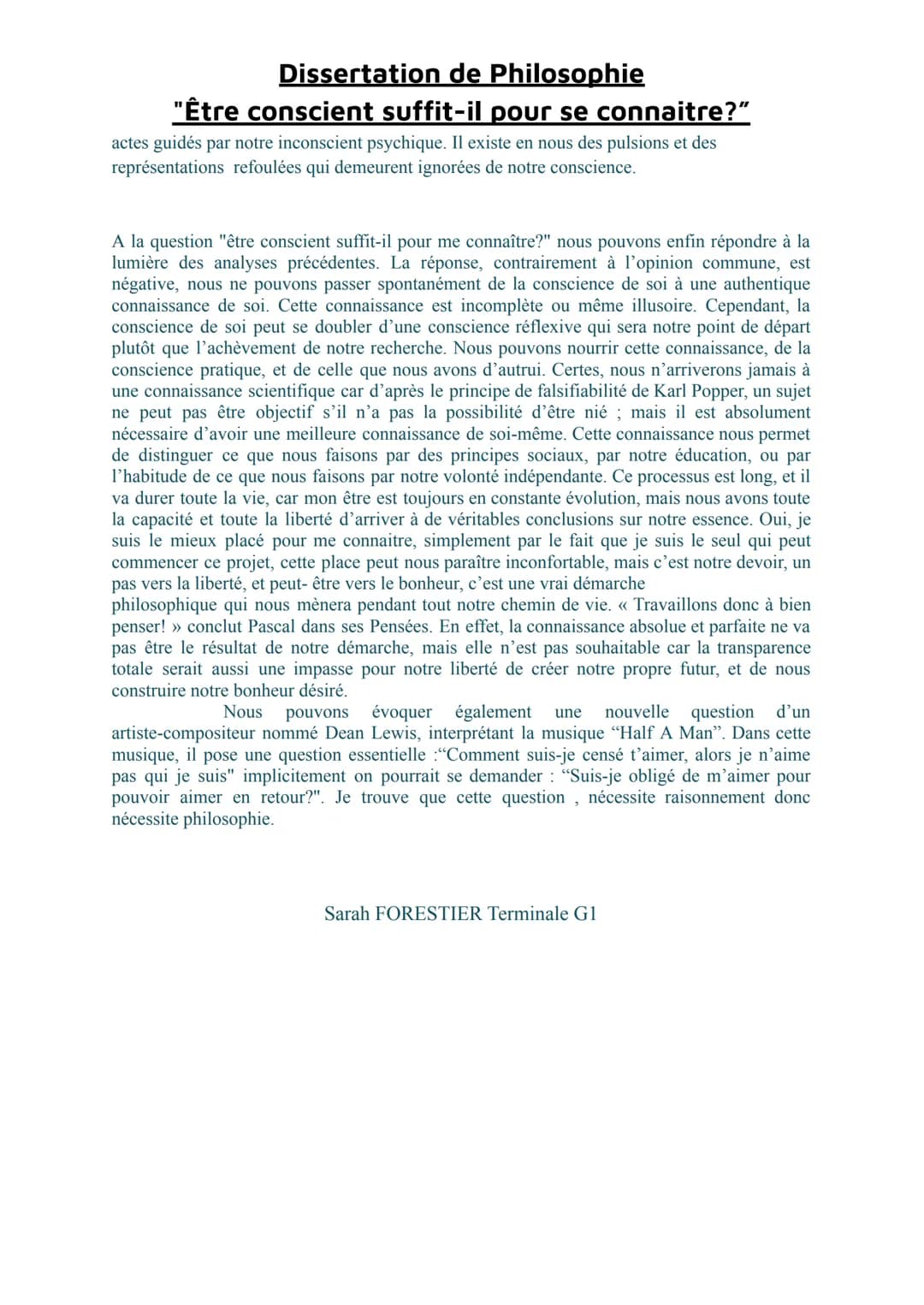 Dissertation de Philosophie
"Être conscient suffit-il pour se connaitre?"
FORESTIER SARAH TG1
Commentaires/Note:
La conscience suffit-elle à