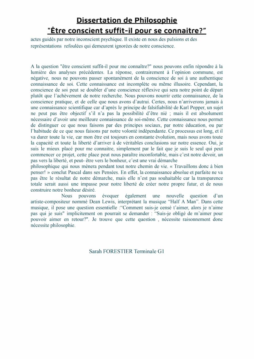 Dissertation de Philosophie
"Être conscient suffit-il pour se connaitre?"
FORESTIER SARAH TG1
Commentaires/Note:
La conscience suffit-elle à