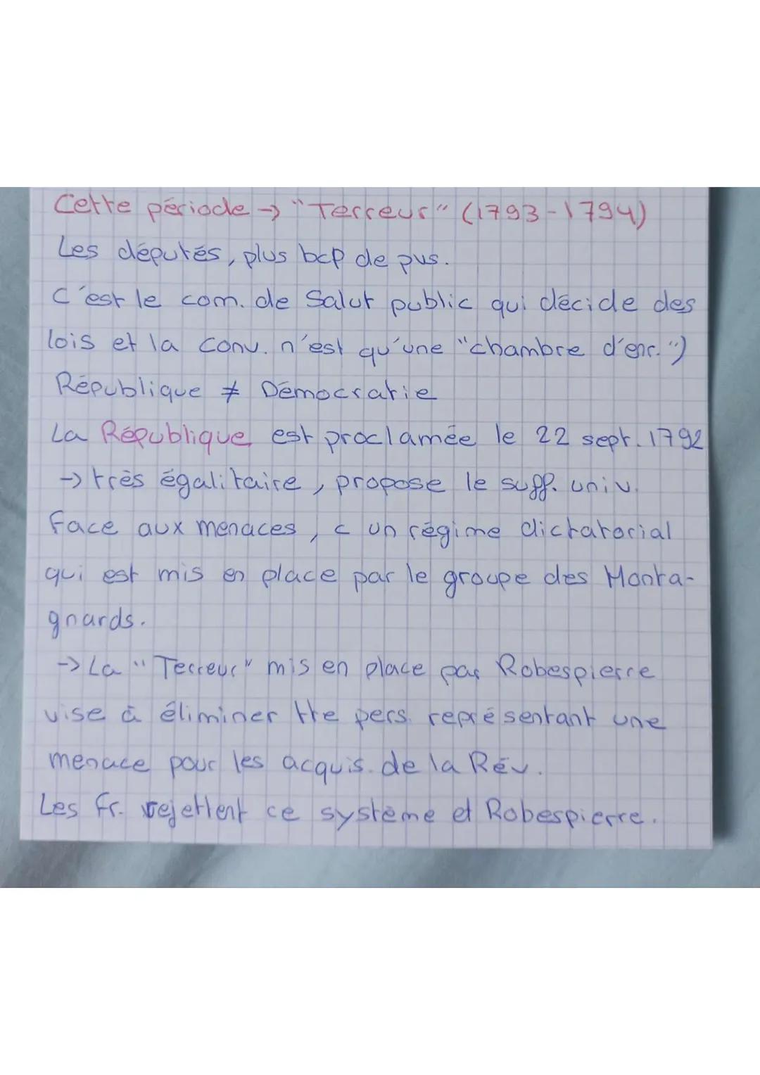 Cette période >> "Terreur" (1793-1794)
Les députés, plus bcp de pus.
C'est le com. de Salut public qui décide des
lois et la conu, n'est qu'