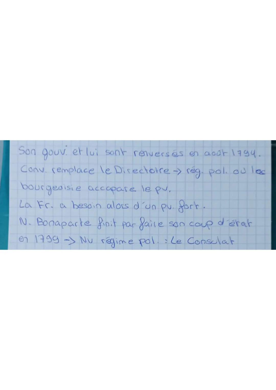 Cette période >> "Terreur" (1793-1794)
Les députés, plus bcp de pus.
C'est le com. de Salut public qui décide des
lois et la conu, n'est qu'