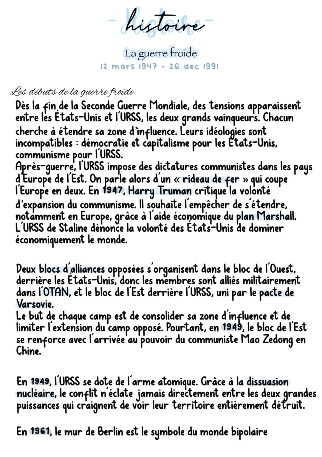 histoire
La guerre froide
12 mars 1947 26 dec 1991
Les débuts de la guerre froide
Dès la fin de la Seconde Guerre Mondiale, des tensions app