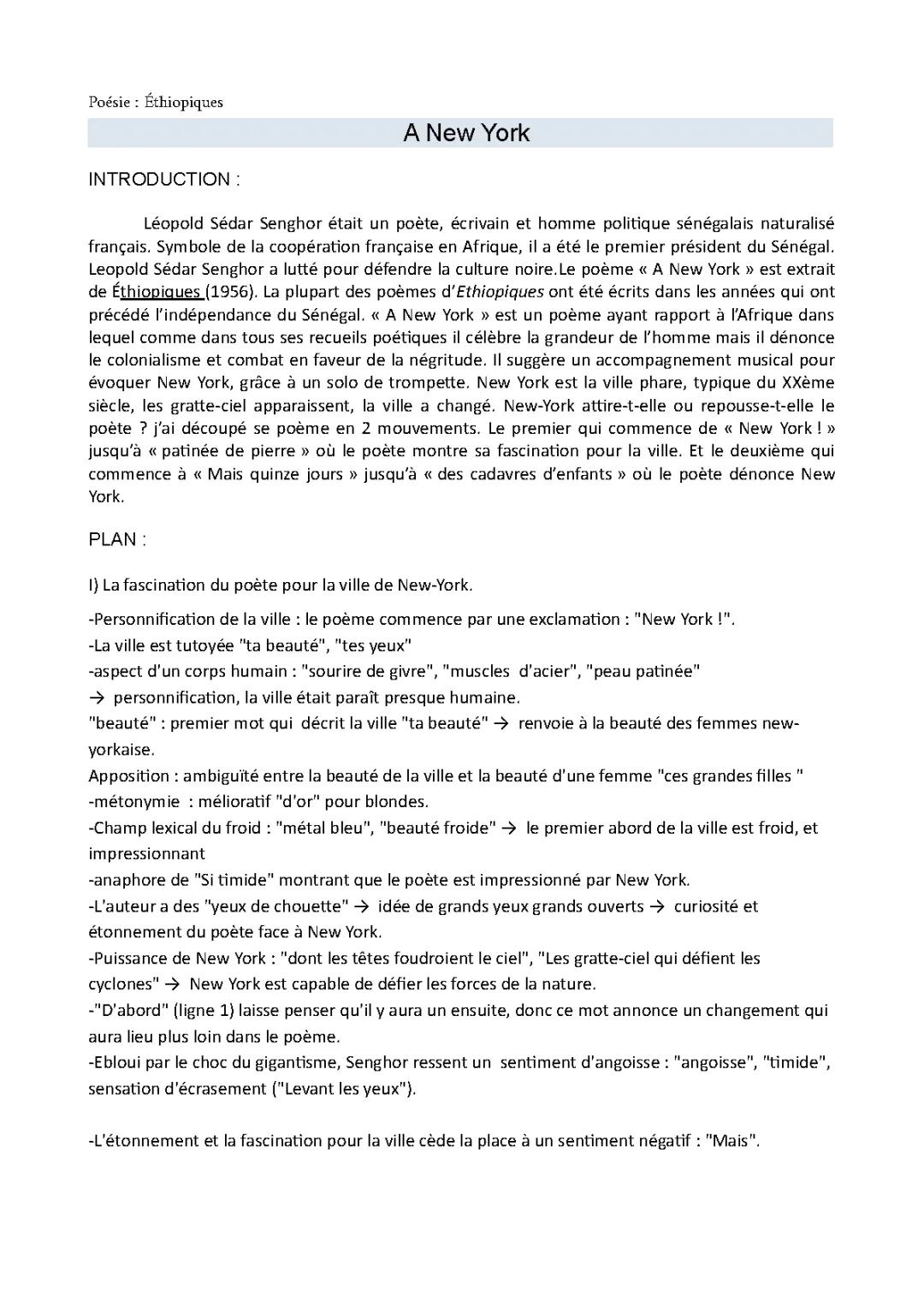 Analyse linéaire du poème 'New York' de Senghor - PDF et texte