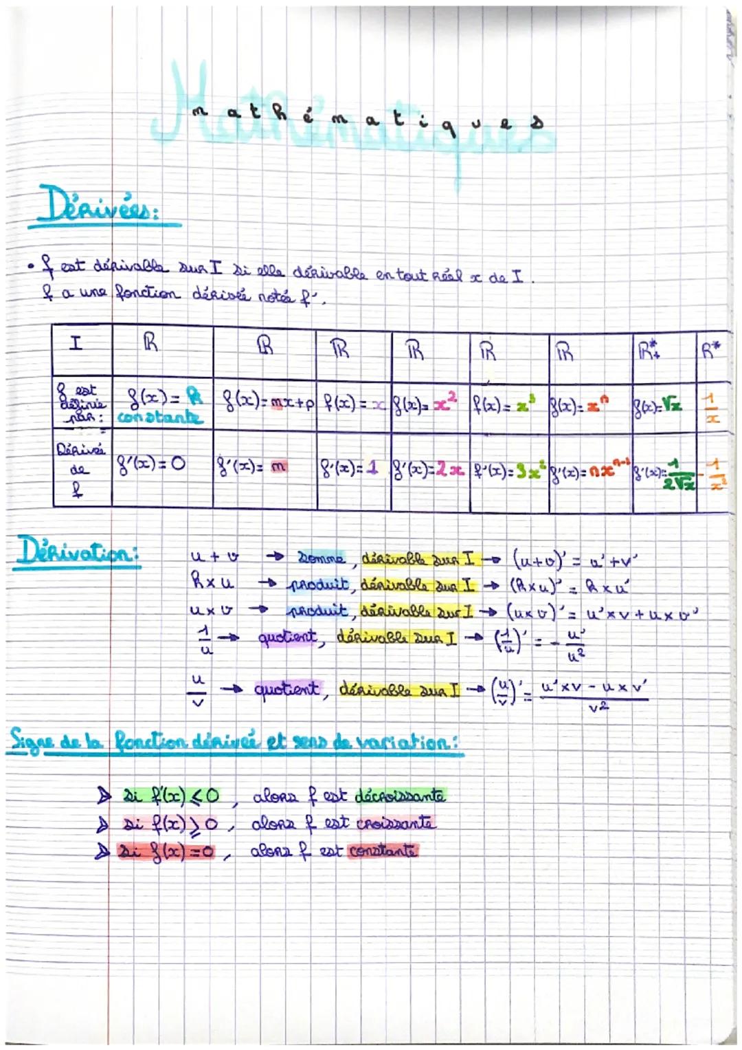 # mathématiqued

Dérivées:

• f est dérivable sur I si elle derivable en tout Reel x de I
f a une fonction dérivée notée f.

| I | R | R | R
