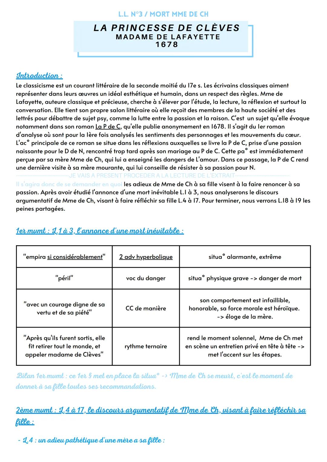 # L.L. N°3/MORT MME DE CH

# LA PRINCESSE DE CLÈVES
## MADAME DE LAFAYETTE
### 1678

Introduction:

Le classicisme est un courant littéraire