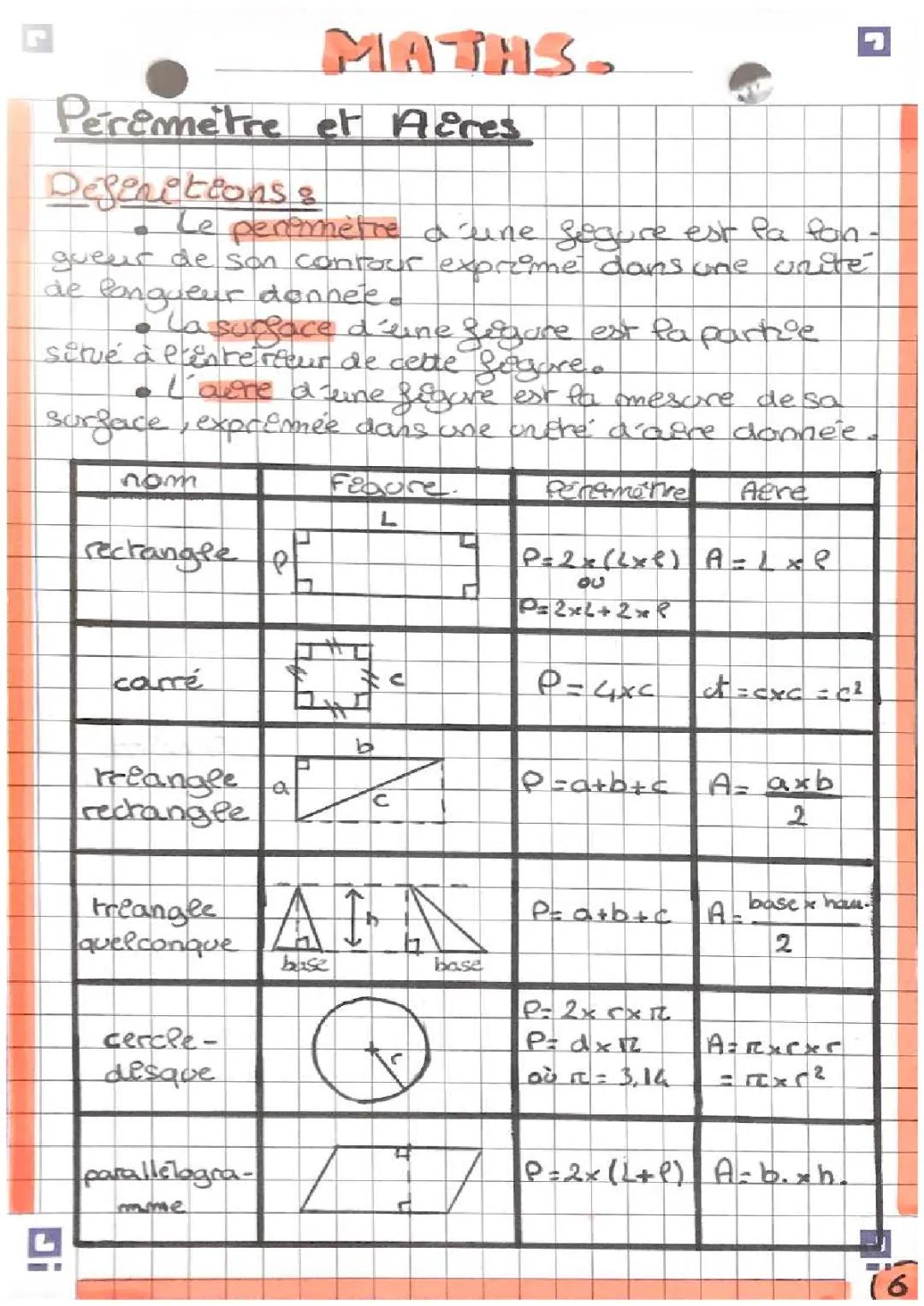 Maths - Périmètres et Aires
