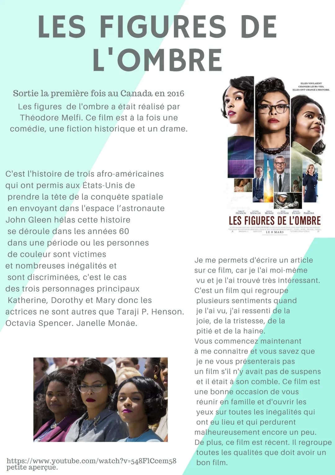 SEGREGATION
RACIAL
le chemin vers l'égalité ?
SARAH EL GAZZAH 3E5 LES FIGURES DE
L'OMBRE
Sortie la première fois au Canada en 2016
Les figur