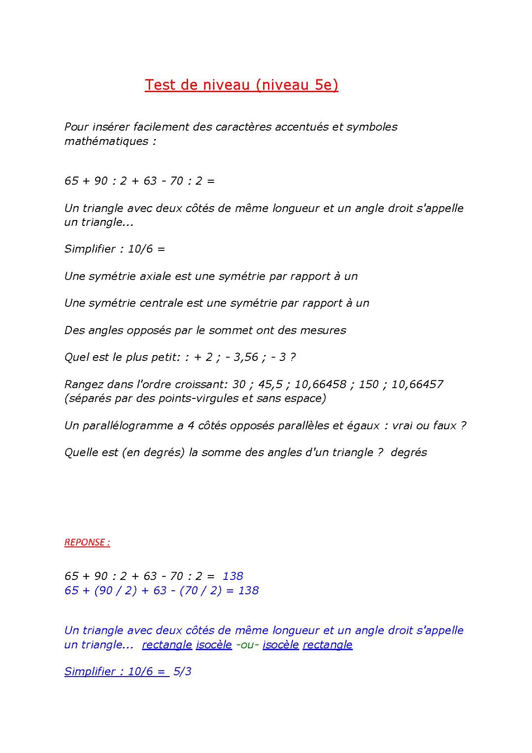 Test de niveau 5ème .