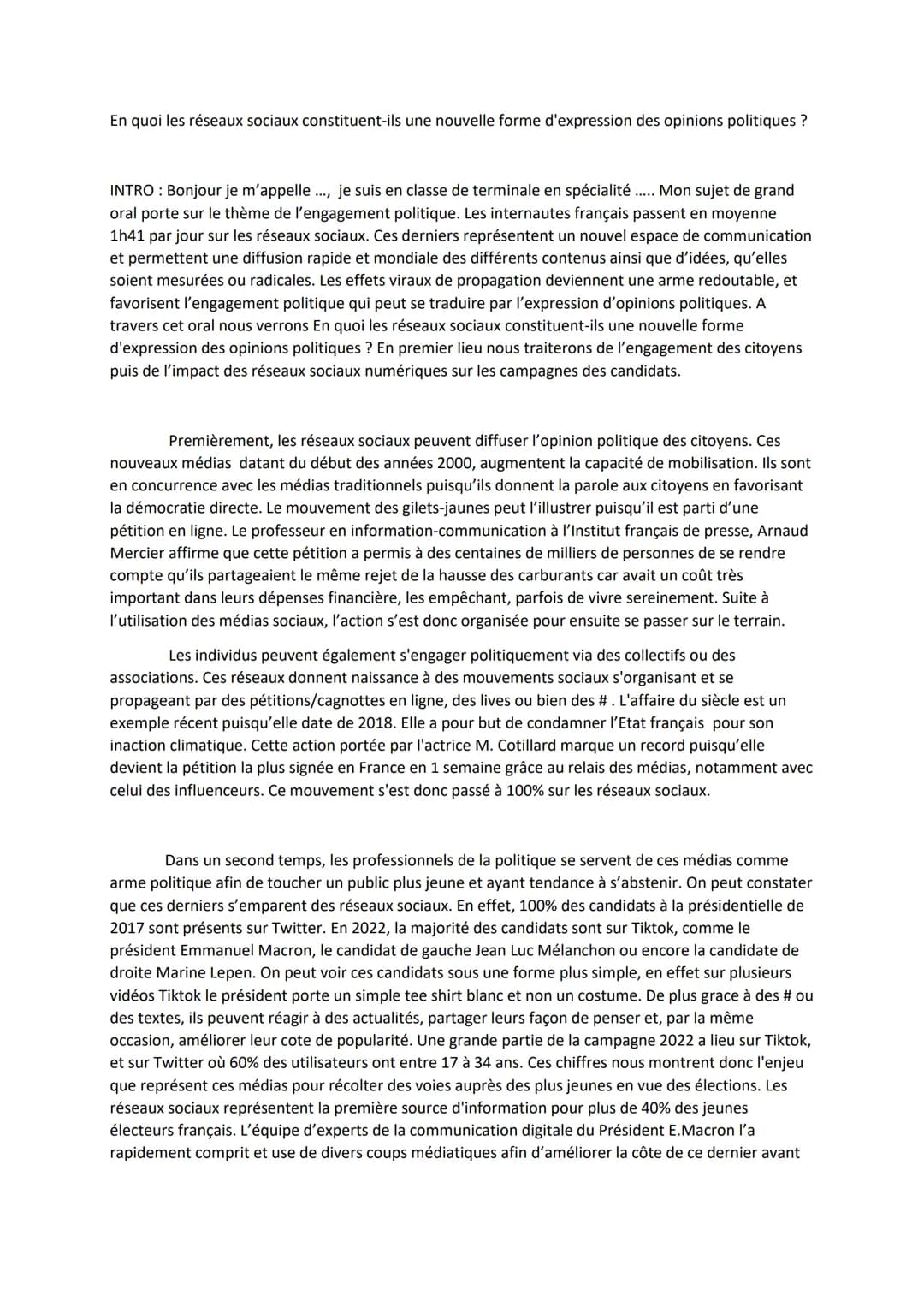 
<p>Bonjour, je m'appelle …, je suis en classe de terminale en spécialité….. Mon sujet de grand oral porte sur le thème de l'engagement poli