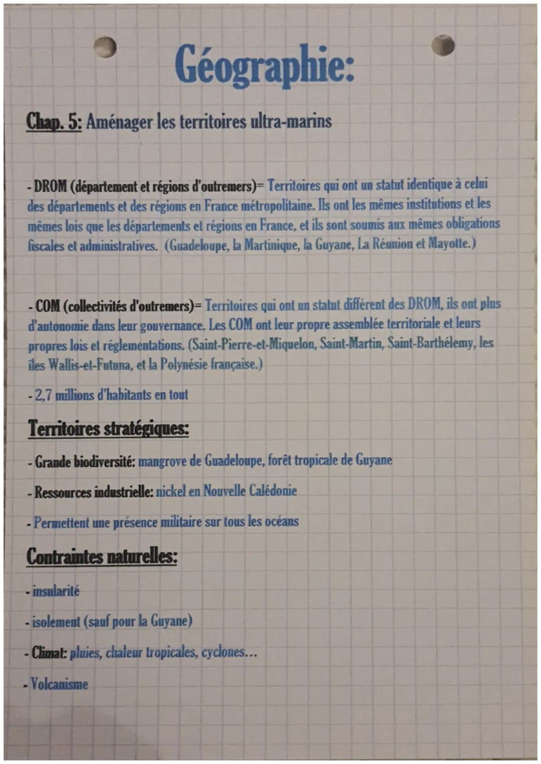 Géographie:
Chap. 5: Aménager les territoires ultra-marins
-DROM (département et régions d'outremers)= Territoires qui ont un statut identiq