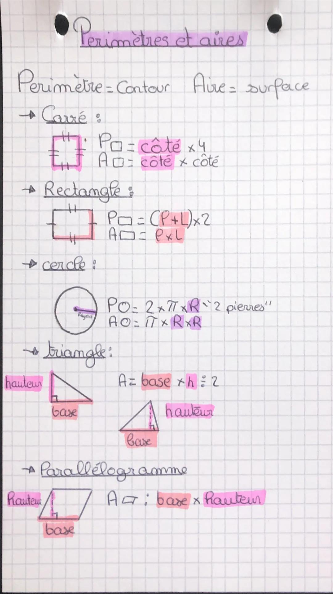 Periomètres et aires
Perimètre = Contour
+ Carré :
.
Avve = surface
Po= côté × 4
x
A = côté x côté
→ Rectangle :
P = CP+L)x2
AD = PXL
+ cerc
