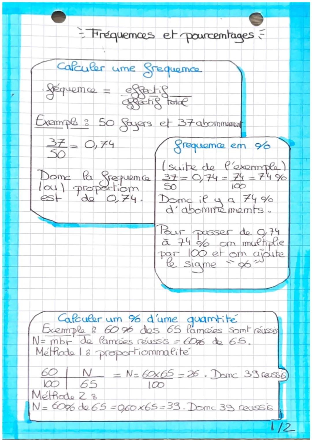Fréquences et pourcentages

Calculer ume Grequence

•fréquence = $\frac{effectis}{gfectig total}$

Exemple: 50 Sayers et 37 abomme

$\frac{3