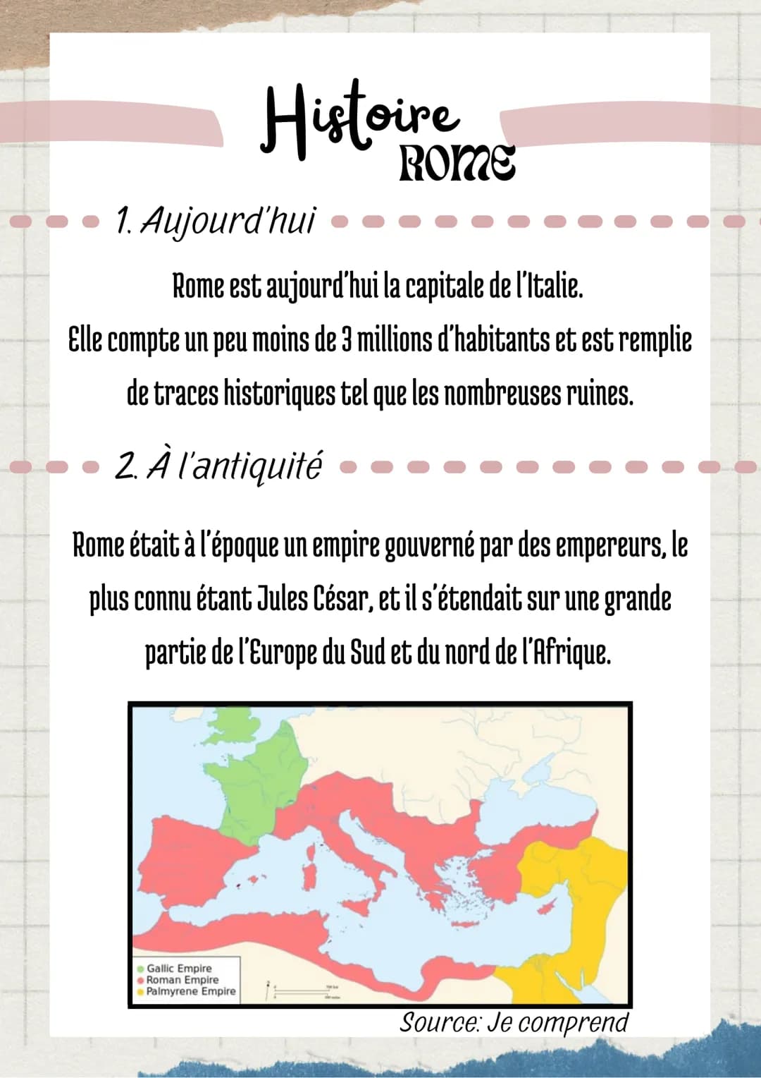 Histoire
1. Aujourd'hui
ROME
Rome est aujourd'hui la capitale de l'Italie.
Elle compte un peu moins de 3 millions d'habitants et est remplie