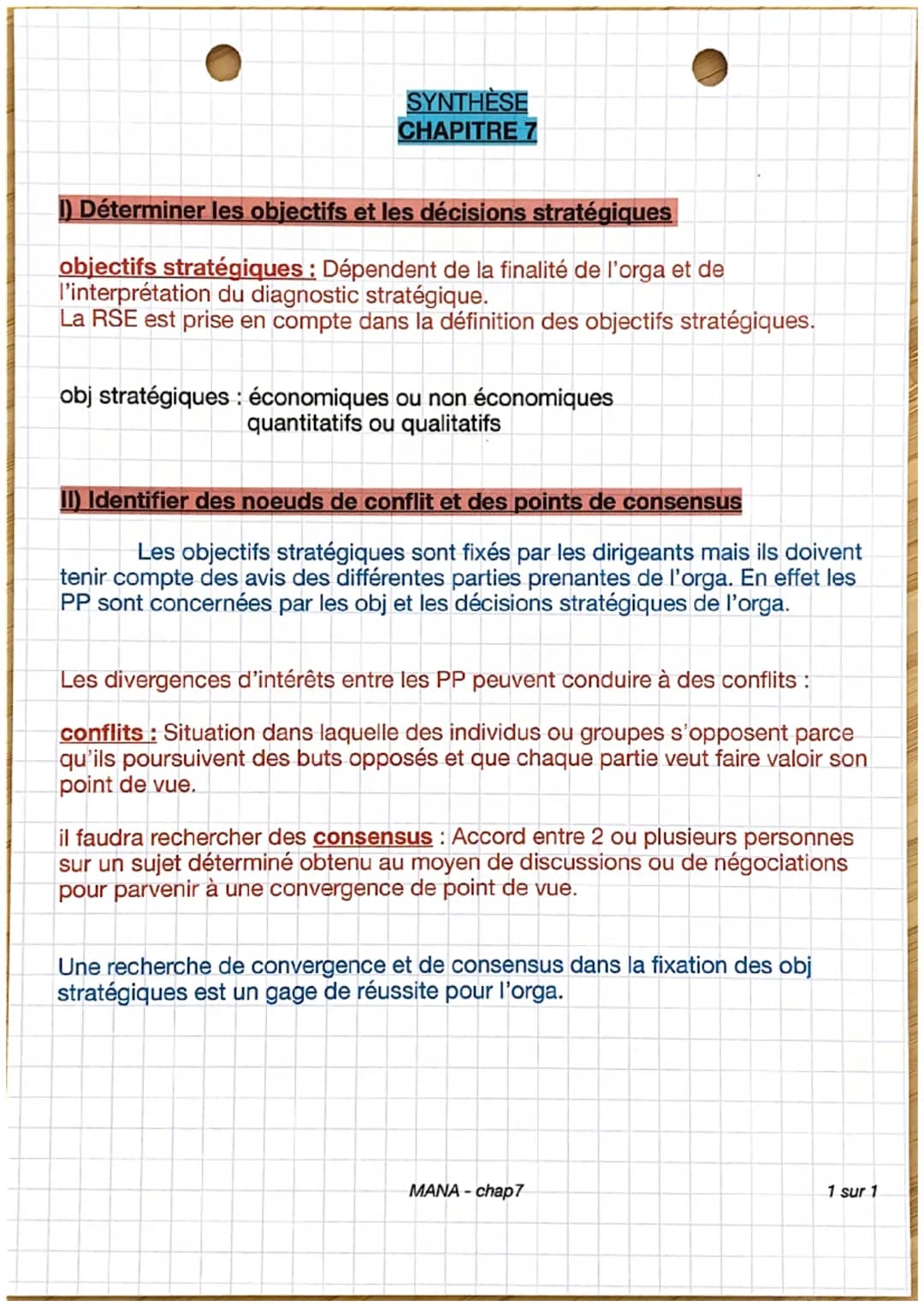 SYNTHÈSE
CHAPITRE 7
1) Déterminer les objectifs et les décisions stratégiques
objectifs stratégiques : Dépendent de la finalité de l'orga et