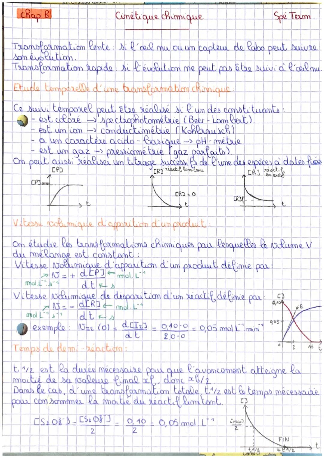 chap 8!
Cimetique chimique.
Spé Term
Transformation lente: si l'œil nu ou un capteur de labo peut suivre
Transformation rapide si l'évolutio