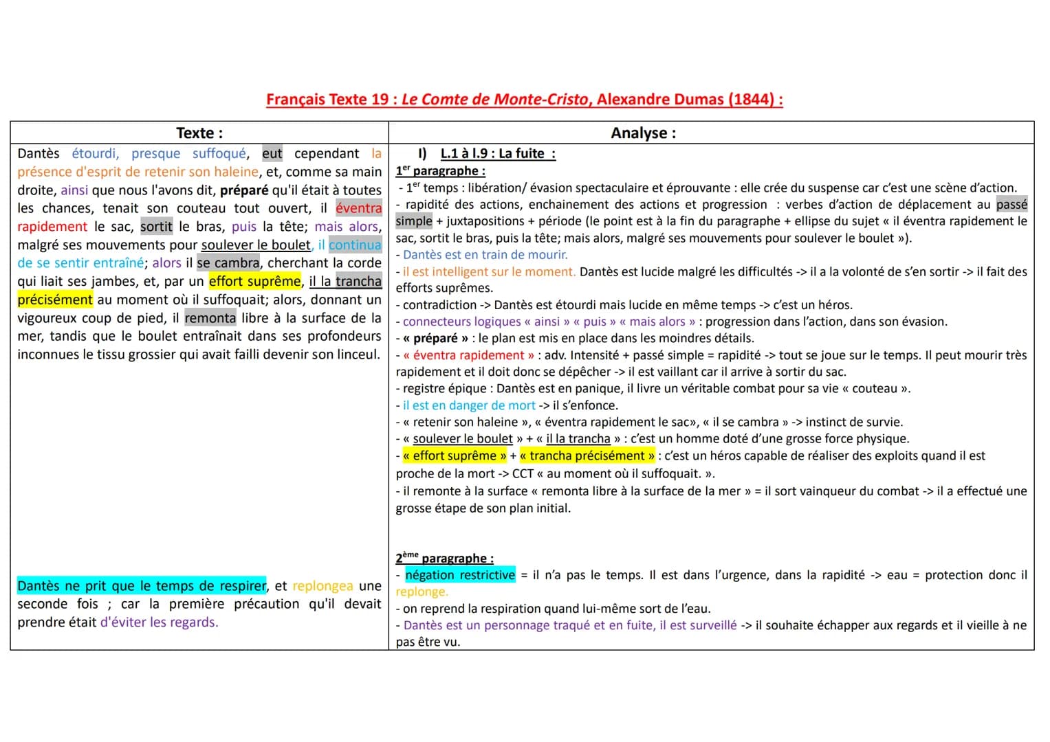 Français Texte 19 : Le Comte de Monte-Cristo, Alexandre Dumas (1844) :
Analyse:
Texte :
Dantès étourdi, presque suffoqué, eut cependant la 1