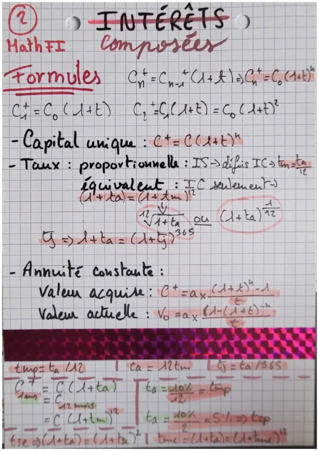 a
L
Mathématiques
financiee
Capitalisation My = I x 365
ex ta
I=C²-C
✓ Formules
I: Intérêt
C: Capital
ne: nbr année
: nbr journ
to: taux
Val