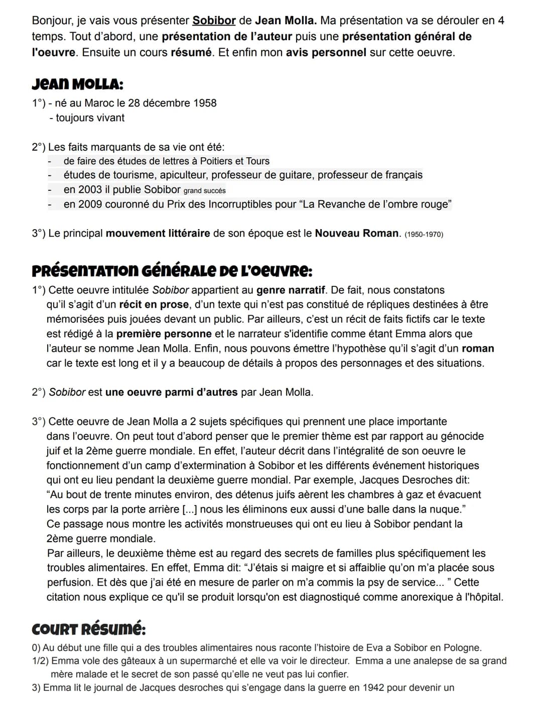 Bonjour, je vais vous présenter Sobibor de Jean Molla. Ma présentation va se dérouler en 4
temps. Tout d'abord, une présentation de l'auteur