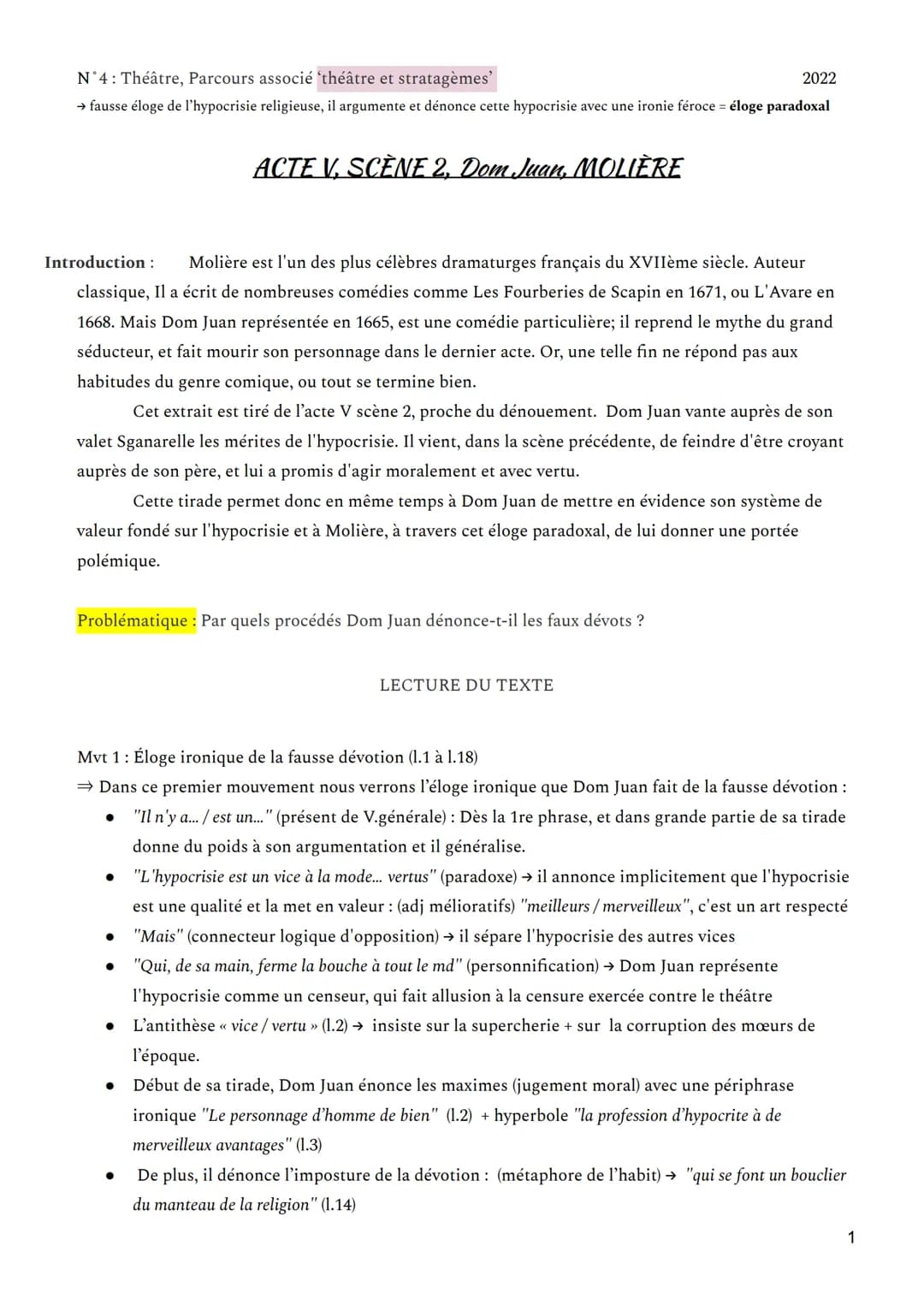 N°4 : Théâtre, Parcours associé 'théâtre et stratagèmes'
→ fausse éloge de l'hypocrisie religieuse, il argumente et dénonce cette hypocrisie