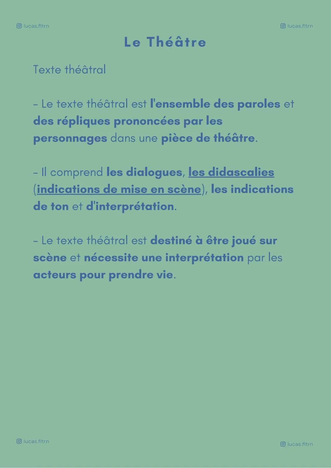 Olucas.fltrn
Théâtre
Le Théâtre
- Le théâtre est une forme d'expression
artistique dans laquelle les acteurs
interprètent des personnages et