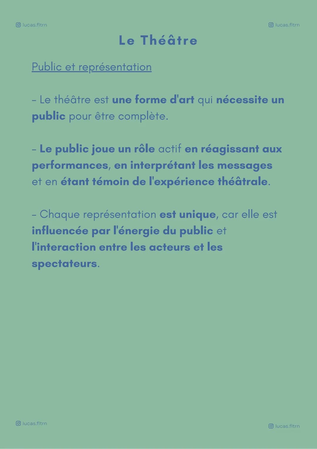Olucas.fltrn
Théâtre
Le Théâtre
- Le théâtre est une forme d'expression
artistique dans laquelle les acteurs
interprètent des personnages et