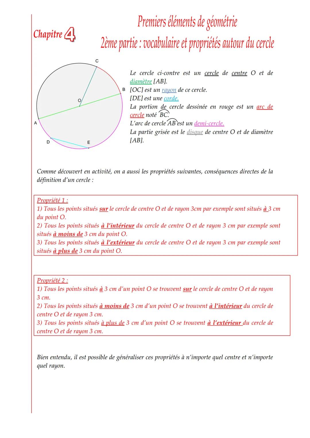 Chapitre 4
A
D
O
E
с
Premiers éléments de géométrie
2ème partie : vocabulaire et propriétés autour du cercle
Le cercle ci-contre est un cerc