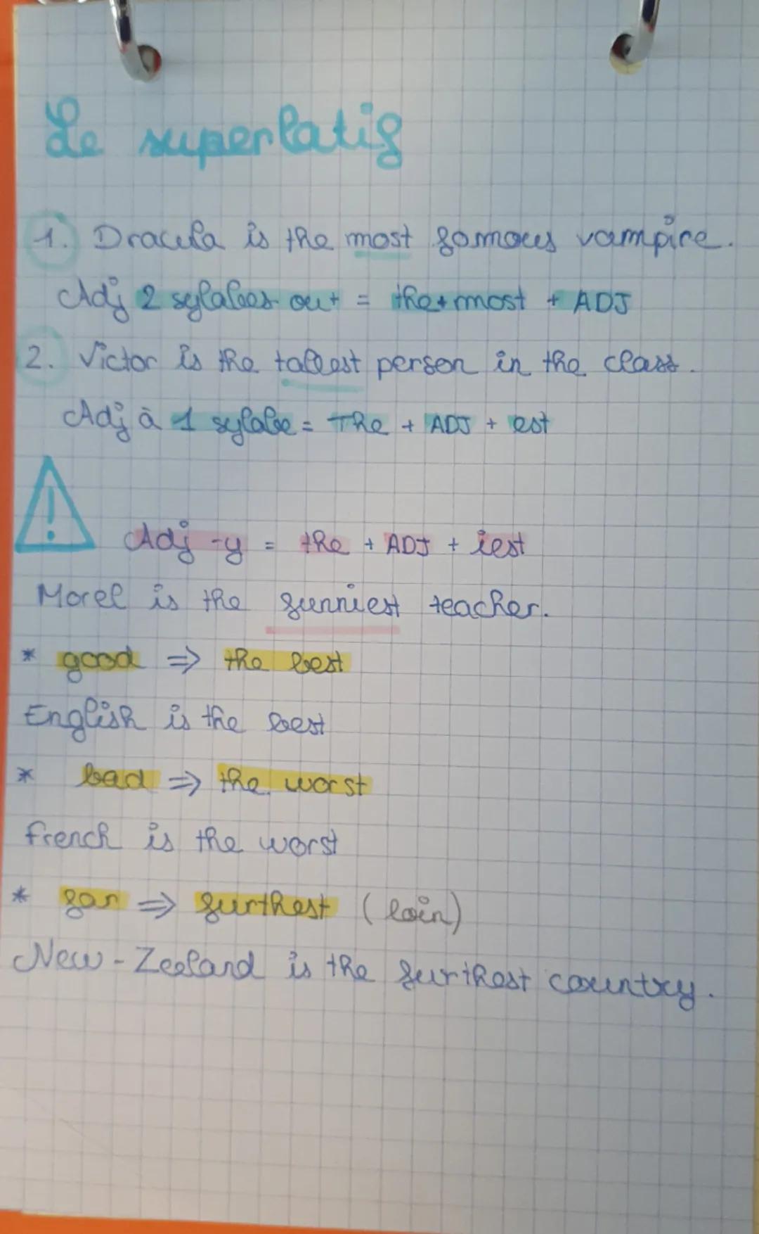 "Anglais
comparatiy
1. English is cooler than Maths.
Adj à 1 sylabe = ADJ +ER + TRan
2. English is more interesting than French.
Adj à 2 syl