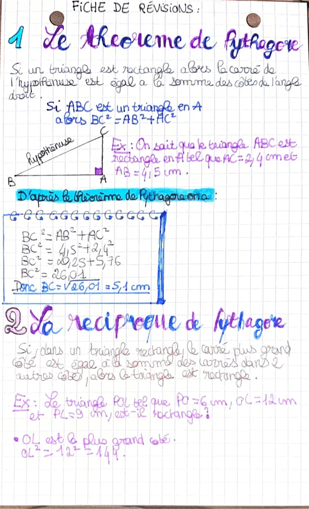 Fiche de Révision Pythagore 3ème et 4ème: Théorème et Réciproque
