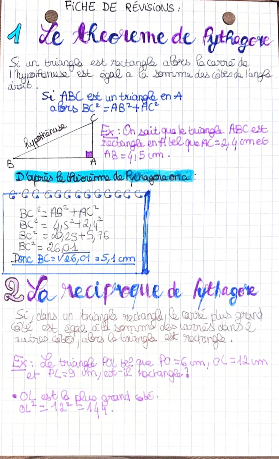 FICHE DE REVISIONS:
A Le theoreme de fythagore
Si un triangle est rectangle abrs le carré de
I hypolfenuse est égal a la somme des côtes de 