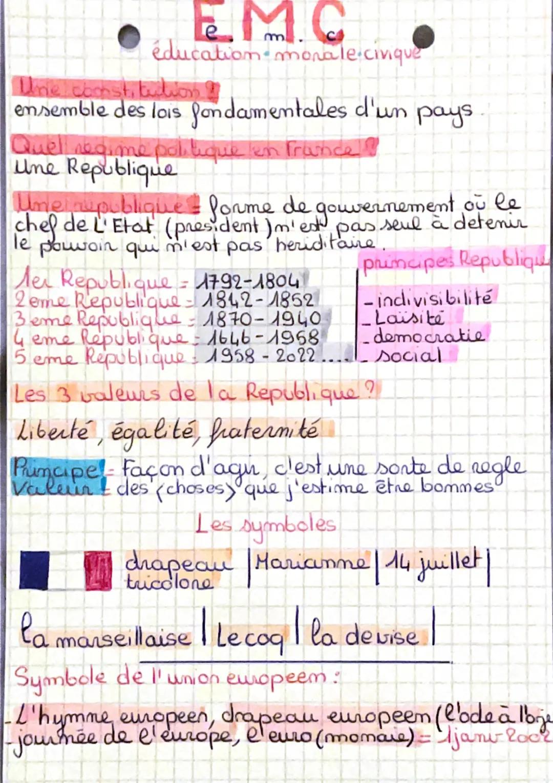 EMC
éducation monale civique
Une constitution 2
ensemble des lois fondamentales d'un pays
Quel regime politique en France
Une Republique
Une