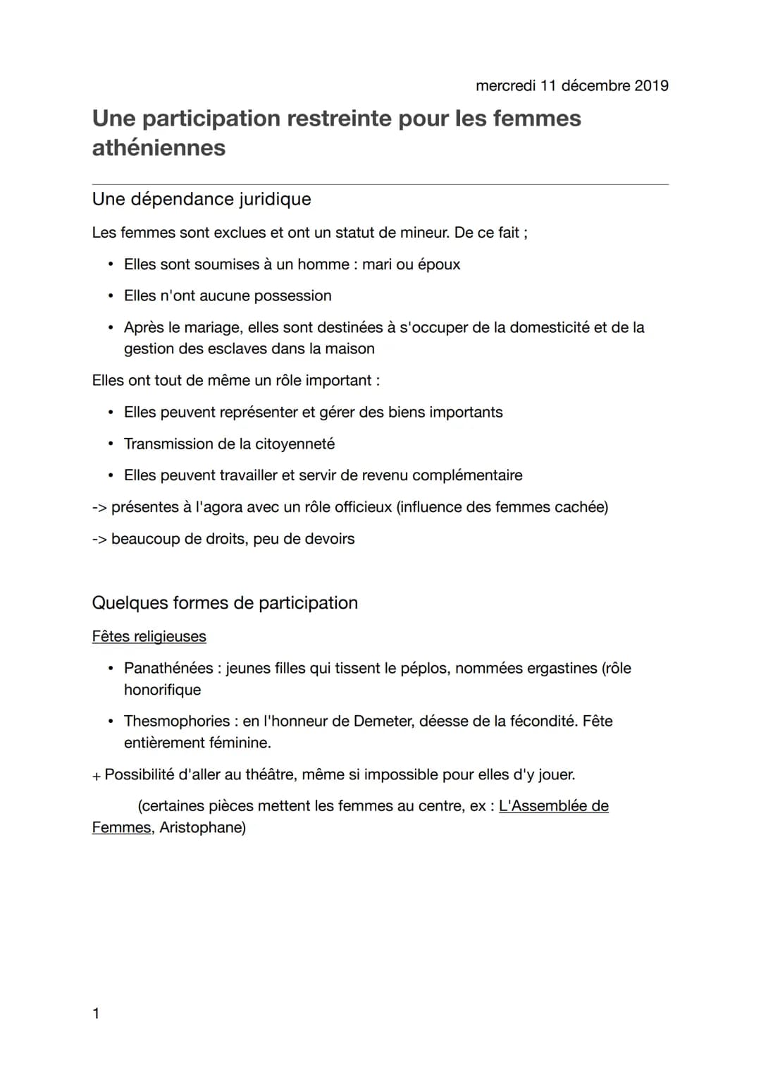 Une participation restreinte pour les femmes
athéniennes
Une dépendance juridique
Les femmes sont exclues et ont un statut de mineur. De ce 